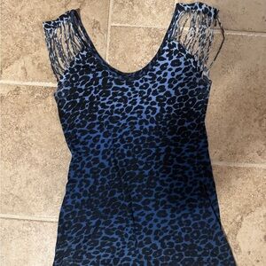 Blue Leopard Print Fringe Sleeve Women's Tank Top